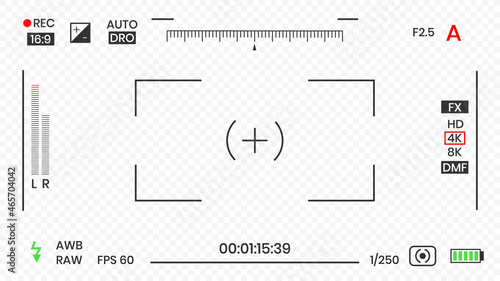 Camera viewfinder video or photo frame recorder flat style design vector illustration. Digital camera viewfinder with exposure settings and focusing grid template.