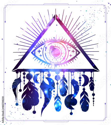 Modern magic witchcraft card with dream Catcher, eye in triangle and space background inside. Vector illustration