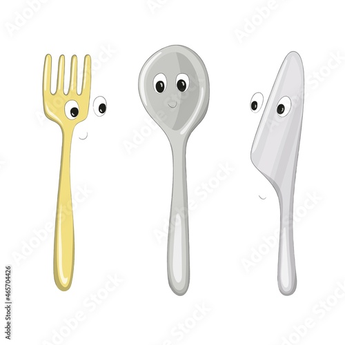 Nice cartoon cutlery that looks like kind characters. Picture for the development of imagination. Hand drawn vector illustration