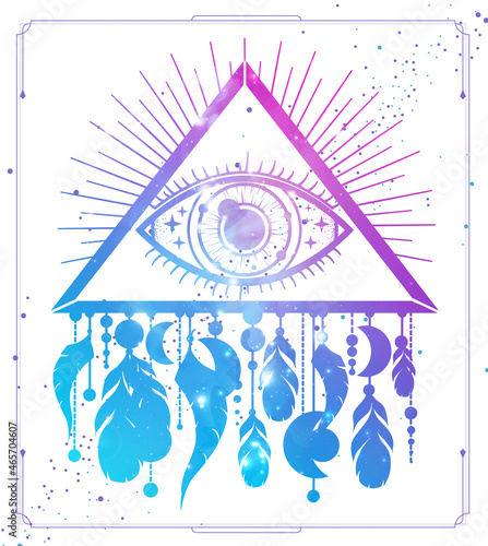 Modern magic witchcraft card with dream Catcher, eye in triangle and space background inside. Vector illustration