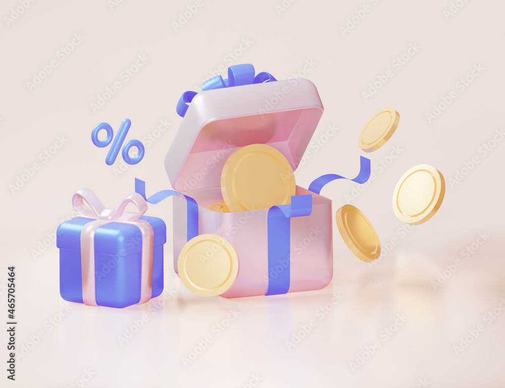 Opening gift box with coins, percent and payment., 3d rendering