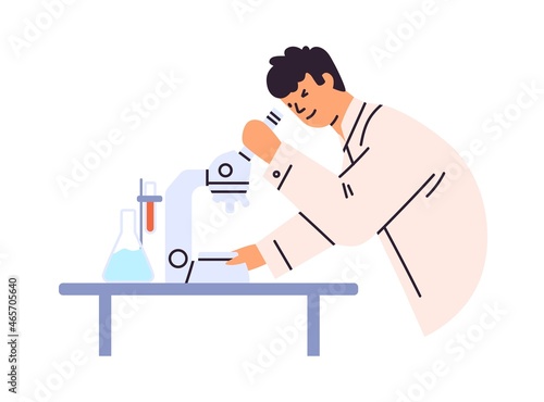 Scientist with microscope at lab research. Doctor with equipment during medical laboratory analysis, science test. Medicine discovery concept. Flat vector illustration isolated on white background