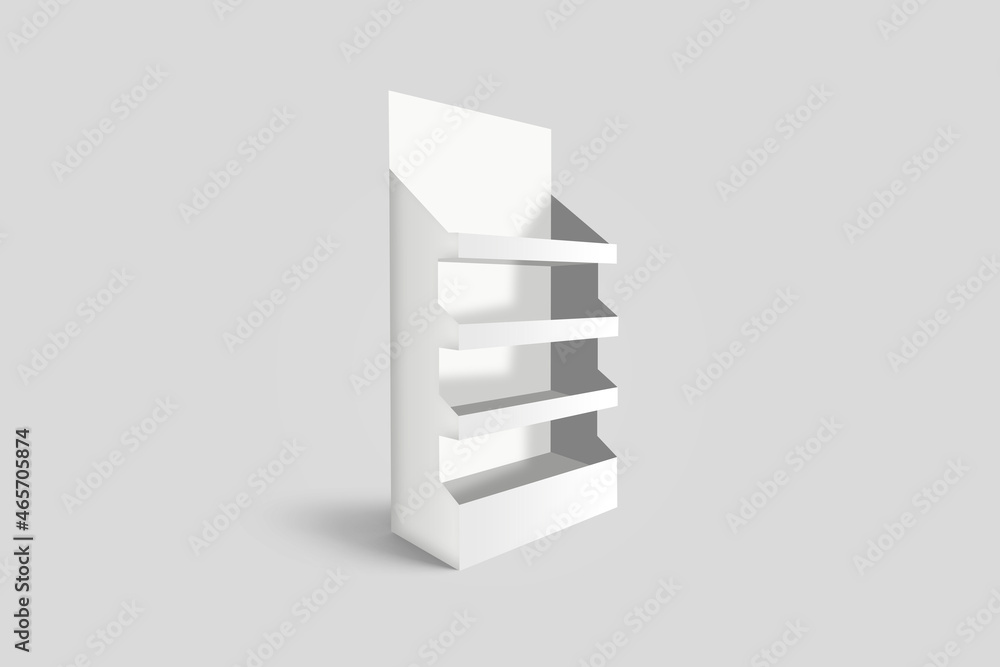 Empty blank white store product display Mock up isolated on a grey background. Exhibition stand, display shelf. 3d rendering. Empty blank white store product display Mock up isolated on a grey background. Exhibition stand, display shelf. 3d rendering.