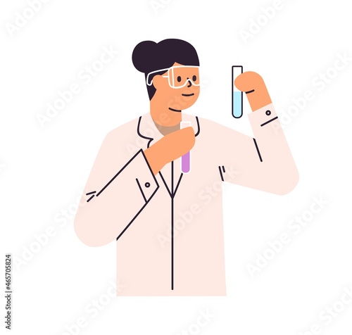 Scientist with lab glass tubes, studying chemistry. Researcher doctor at chemical experiment and science research, analyzing laboratory liquids. Flat vector illustration isolated on white background
