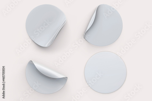 Empty blank white round paper sticker Mock up label set collection isolated on a white background. 3d rendering.