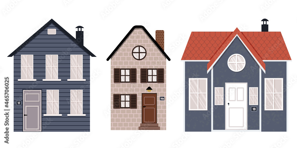 Vector illustration of cute houses exterior in different colors. European, rural architecture, townhouse buildings. Flat houses isolated on white background.