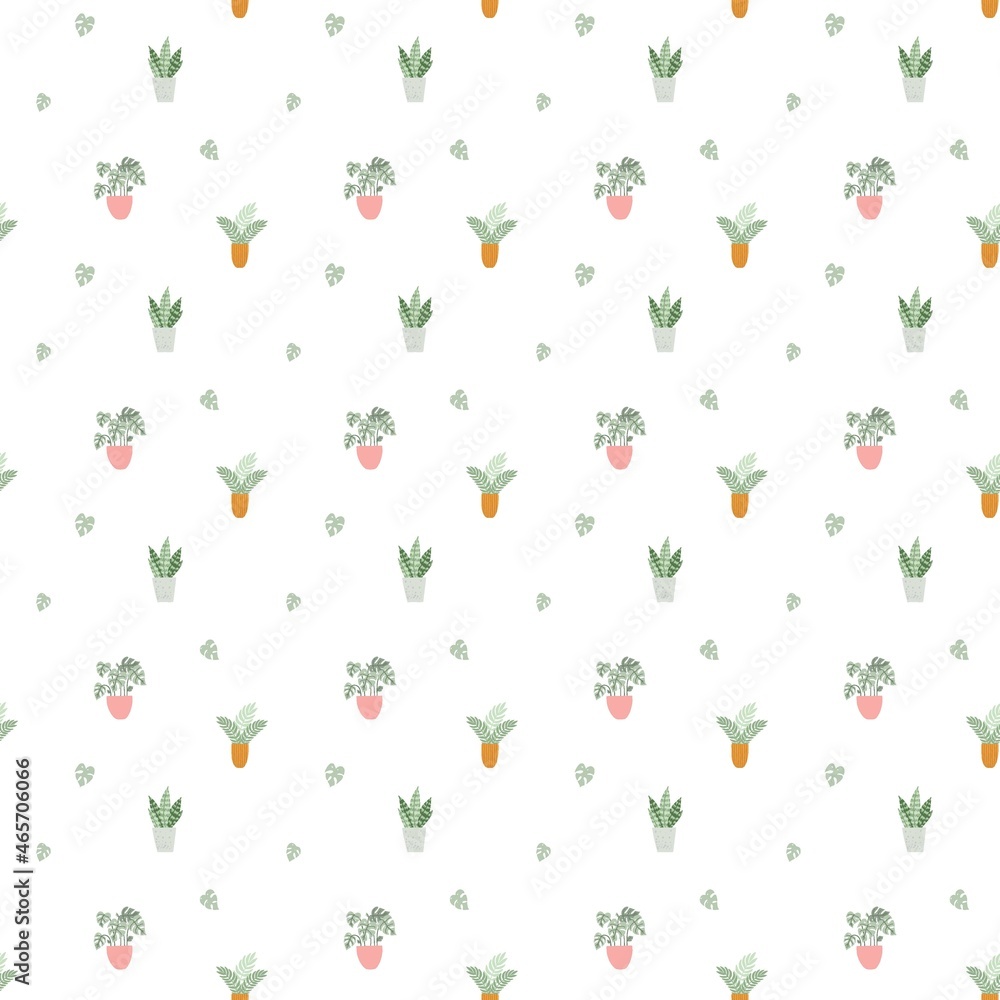 Pattern of trendy decorative house plants. Tropical leaves in flowerpot. Pattern of trendy decorative house plants. Tropical leaves in flowerpot.
