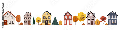 Vector illustration of autumn street. Urban landscape with cute houses, trees and pumpkins. Flat buildings isolated on white background. 