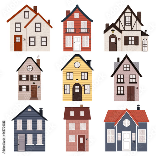 Vector illustration of cute houses exterior in different colors. European, rural architecture, townhouse buildings. Flat houses isolated on white background.