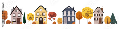 Vector illustration of autumn street. Urban landscape with cute houses, trees and pumpkins. Flat buildings isolated on white background. 