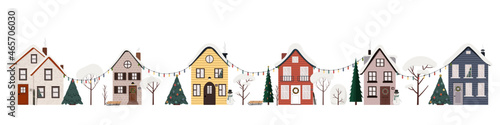 Vector illustration of winter street. Urban landscape with cute houses, trees in snow and christmas garlads, snowman. Flat buildings isolated on white background. 