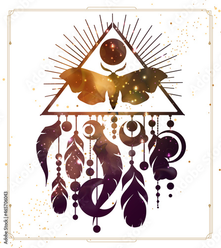 Modern magic witchcraft card with dream Catcher, butterfly and space background inside. Vector illustration