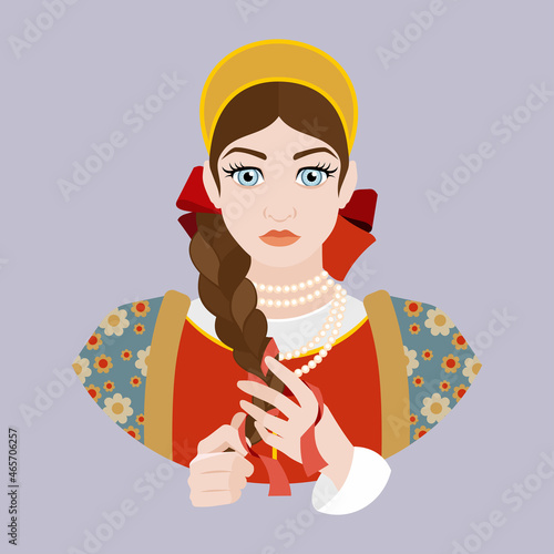 The avatar of a young girl in a Slavic costume and a kokoshnik on her head is braiding a ribbon into a braid. Historical costumes. Flat illustration.
