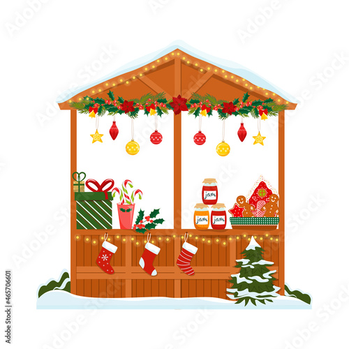 Christmas market with food and hot drinks. Christmas gift shop with garlands, souvenirs. Christmas wooden souvenir kiosk vector illustration.