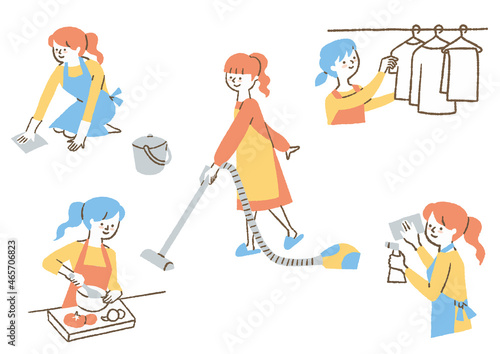 家事で忙しい女性_セット_色