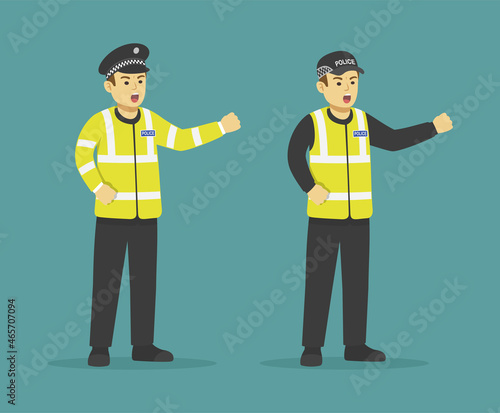 Isolated yelling angry male police officer showing his fist. Flat vector illustration template.
