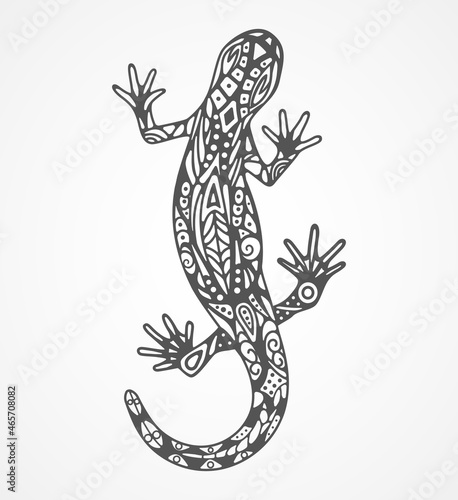 Lizard. Vector drawing with pattern on the body in the style of a tribal tattoo. Curved body position, top view. Black lizard with a decorative white pattern. Reptile tattoo. Logo for animal design.