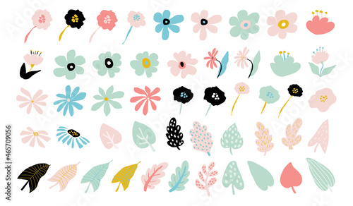 Abstract modern flowers set. Simple blossom floral shapes, geometric collage elements. Contemporary flower and leaves collection.Organic graphic shapes isolated on white background.Vector illustration