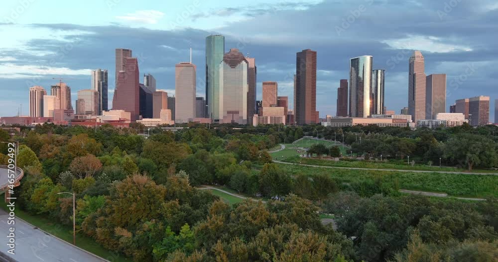 Low angle drone view of downtown Houston skyline. This video was filmed in 6k and down scaled to 4k for best image quality Low angle drone view of downtown Houston skyline. This video was filmed in 6k and down scaled to 4k for best image quality