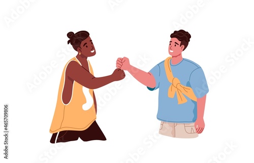 Happy men friends giving fist bump. Two people greeting each other with informal friendly hi gesture, say hello. Interracial friendship concept. Flat vector illustration isolated on white background
