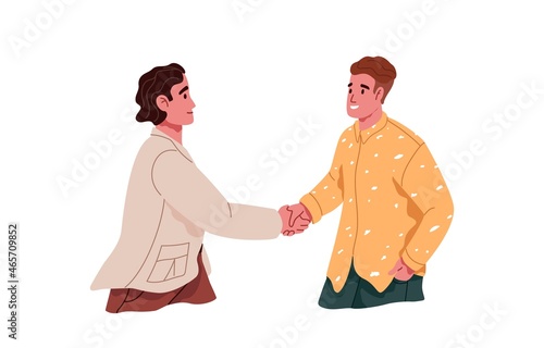 Handshake of two people. Happy men meeting and greeting each other, shaking hands. Formal hello and respect gesture. Colleagues communication. Flat vector illustration isolated on white background