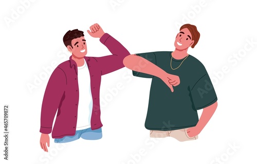 People greeting, giving elbow bump. Happy men friends meeting, saying hi avoiding touching with arms and bodies at social distance. Colored flat vector illustration isolated on white background