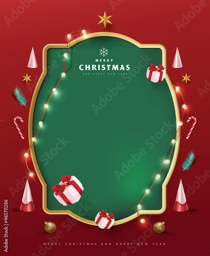 Merry Christmas sign banner frame with empty space and festive decoration on red background