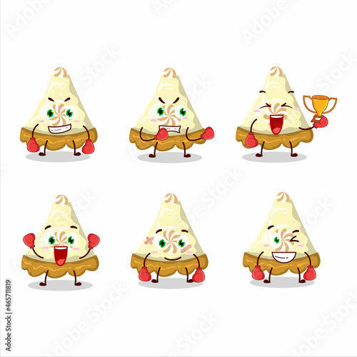 A sporty slice of lemon meringue pie boxing athlete cartoon mascot design
