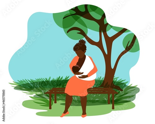 Black woman breastfeeds a toddler while sitting on a park bench. Baby in a sling. Public feeding. Natural background. Modern flat vector illustration.