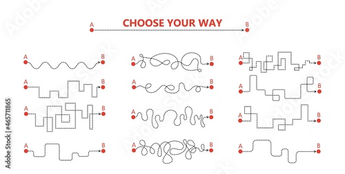 Set of difficult and easy simple way process from start to end. Vector card illustration with path to success outline art concept. The road from point a to point b. Right and wrong way with messy line