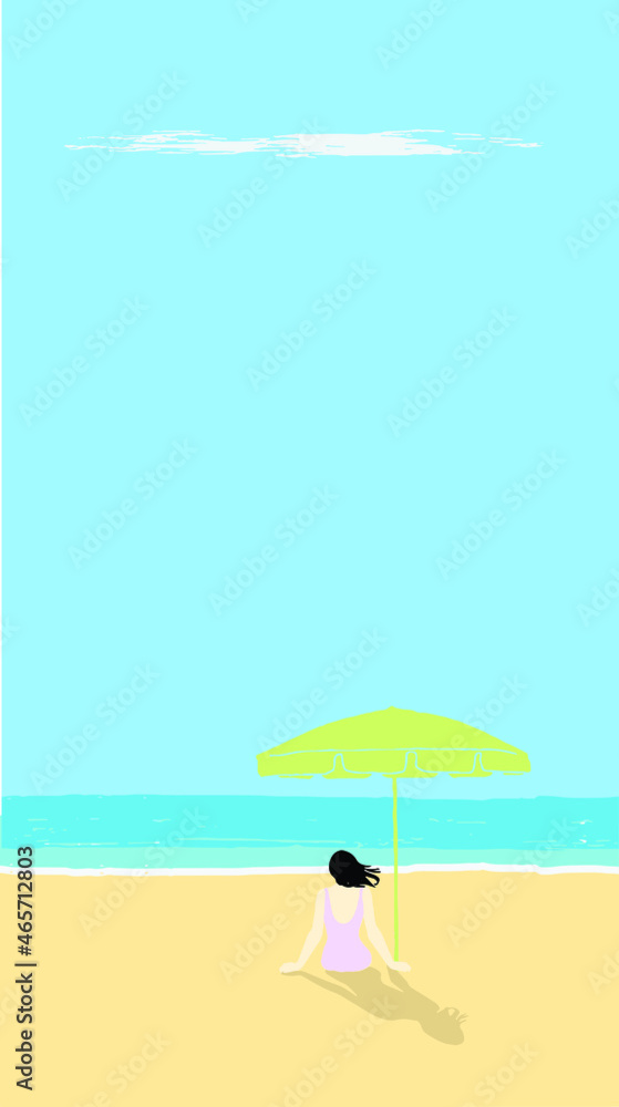a girl wearing swimming suit sitting on a beach and sunbathes in front of the sea with big umbrella around under the clear sky in the summer. vector, isolated.