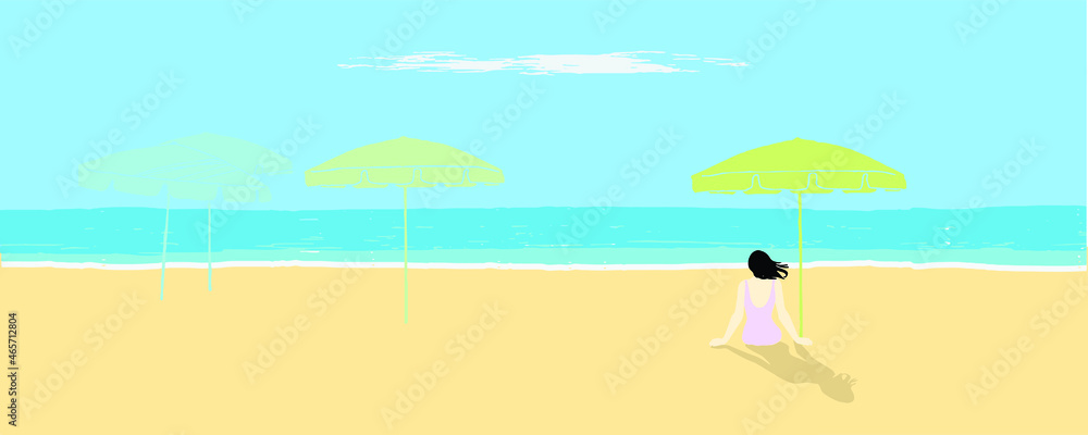 a girl wearing swimming suit sitting on a beach and sunbathes in front of the sea with big umbrella around under the clear sky in the summer. vector, isolated.