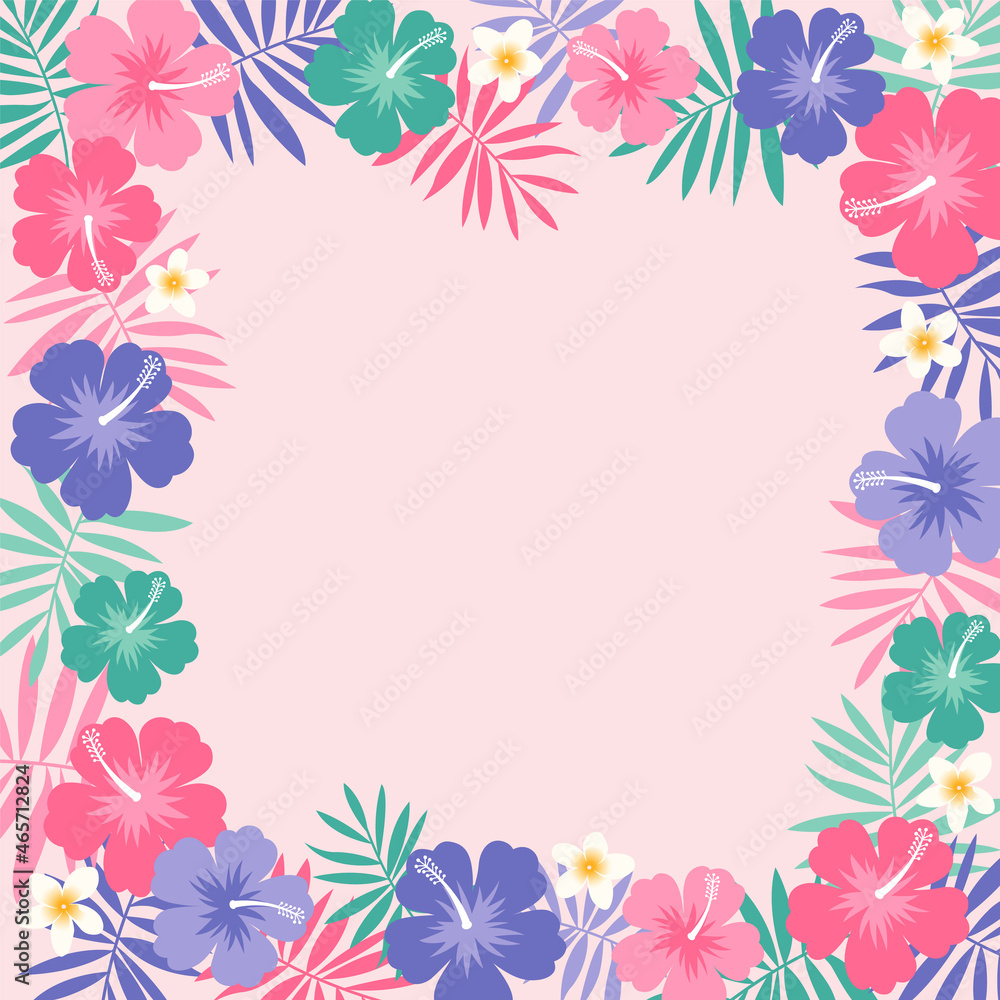 Ornament decorative border illustration with hibiscus flower and palm leaf.