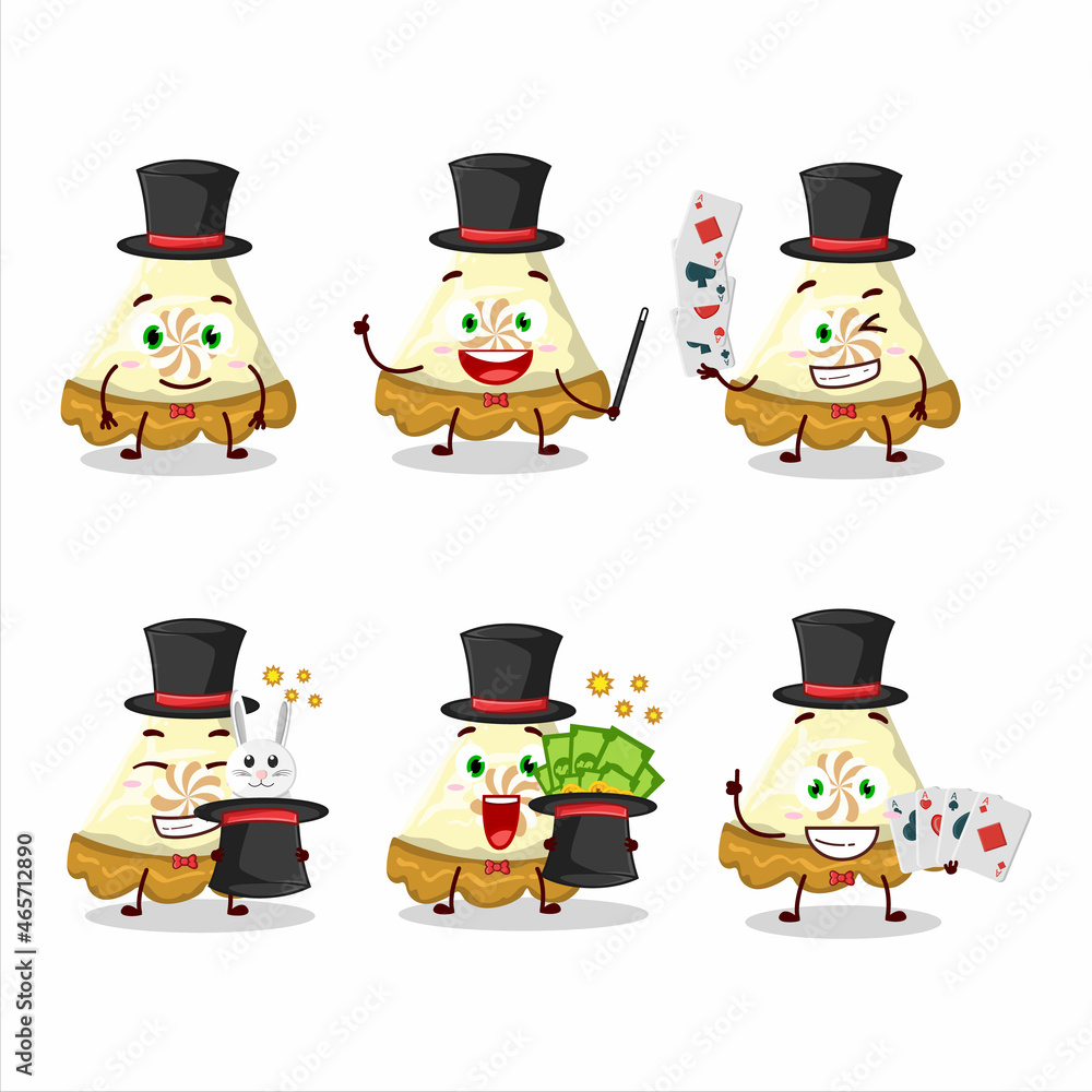 A slice of lemon meringue pie Magician cartoon character perform on a stage A slice of lemon meringue pie Magician cartoon character perform on a stage