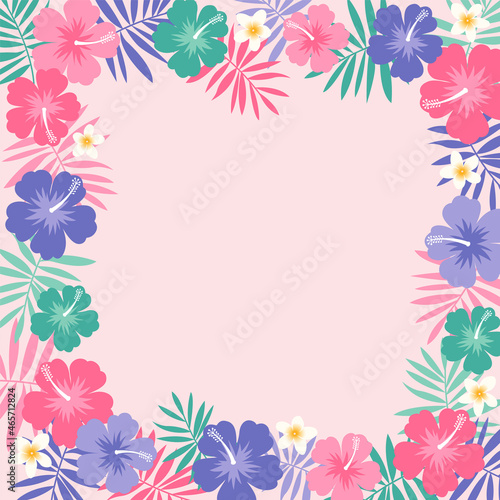 Ornament decorative border illustration with hibiscus flower and palm leaf.