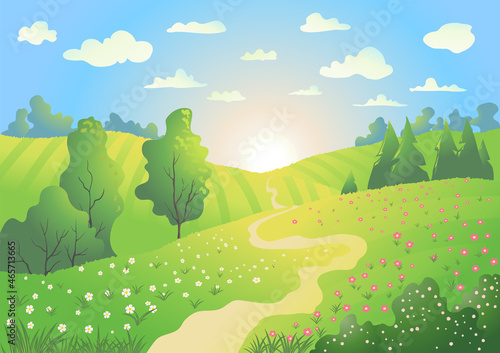 Spring or summer season rural landscapevector cartoon illustration with rising sun, hills with flowers, bushes and trees and blue sky