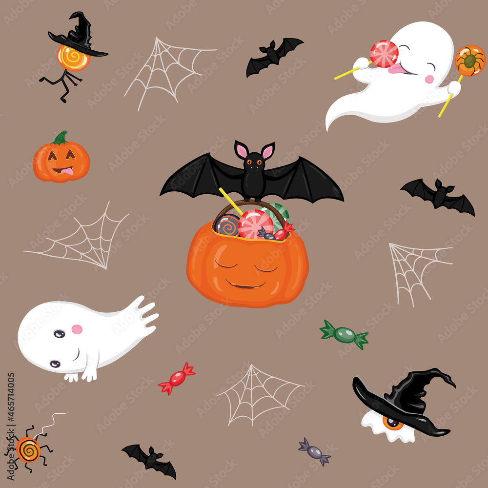 Halloween seamless pattern with ghosts, bats, pumpkins and sweets on brown background