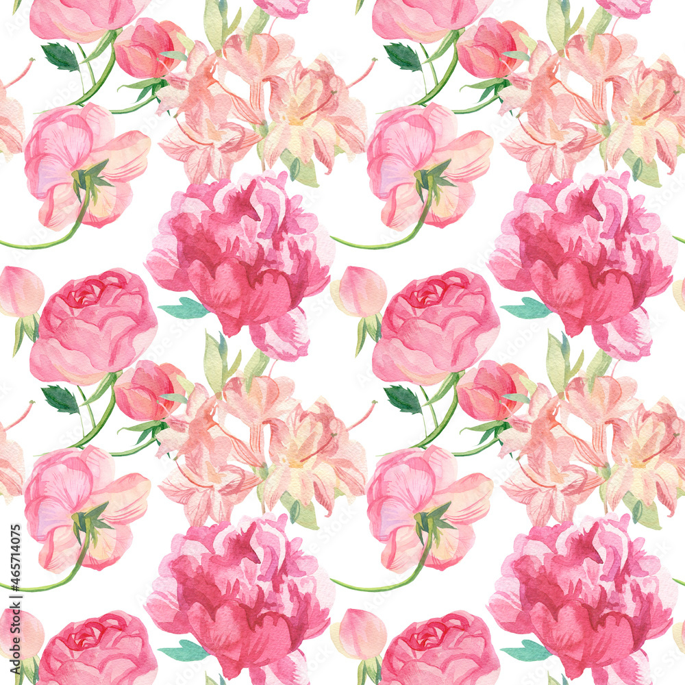 Watercolor seamless Pink Flowers Valentine's Day pattern on white hand painted background.Floral,textural,festive,lovers print in doodle style.Designs for textiles,fabric,wrapping paper,web,wallpaper. Watercolor seamless Pink Flowers Valentine's Day pattern on white hand painted background.Floral,textural,festive,lovers print in doodle style.Designs for textiles,fabric,wrapping paper,web,wallpaper.