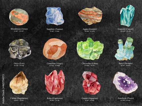 Bilde på lerret Set of watercolor zodiac icons and gems for the zodiac signs on black dark background