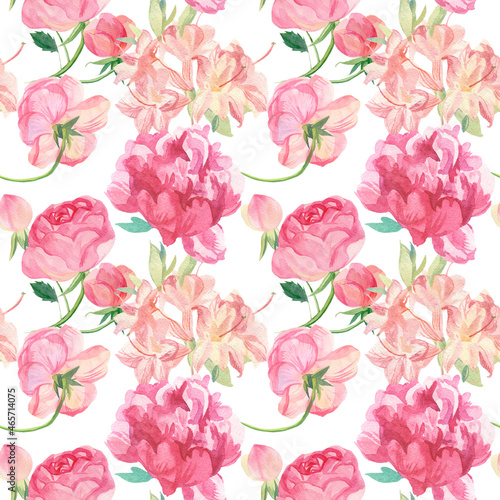 Watercolor seamless Pink Flowers Valentine's Day pattern on white hand painted background.Floral,textural,festive,lovers print in doodle style.Designs for textiles,fabric,wrapping paper,web,wallpaper.