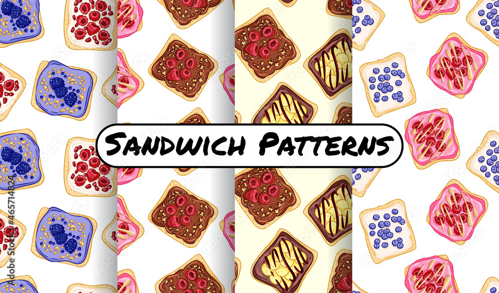 Set of toast bread sandwiches comic style seamless border patterns ...