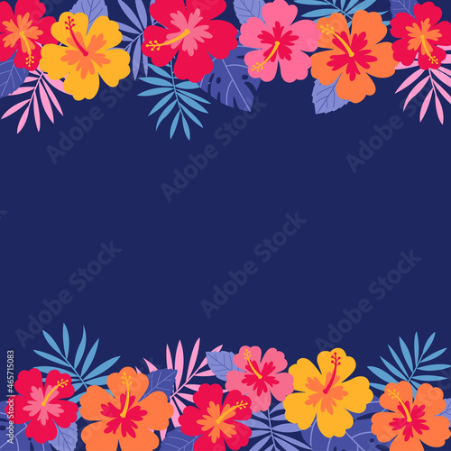 Colorful hibiscus flower and palm leaf border frame vector.