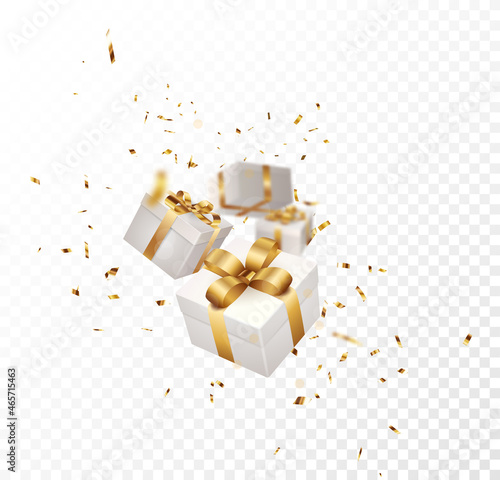 Gift box with gold and red confetti , isolated on transparent background