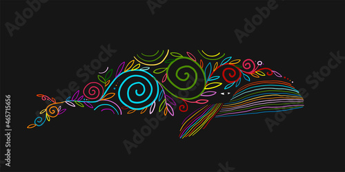Wild Whale with Floral Ornaments. Colorful Art Sketch for your design