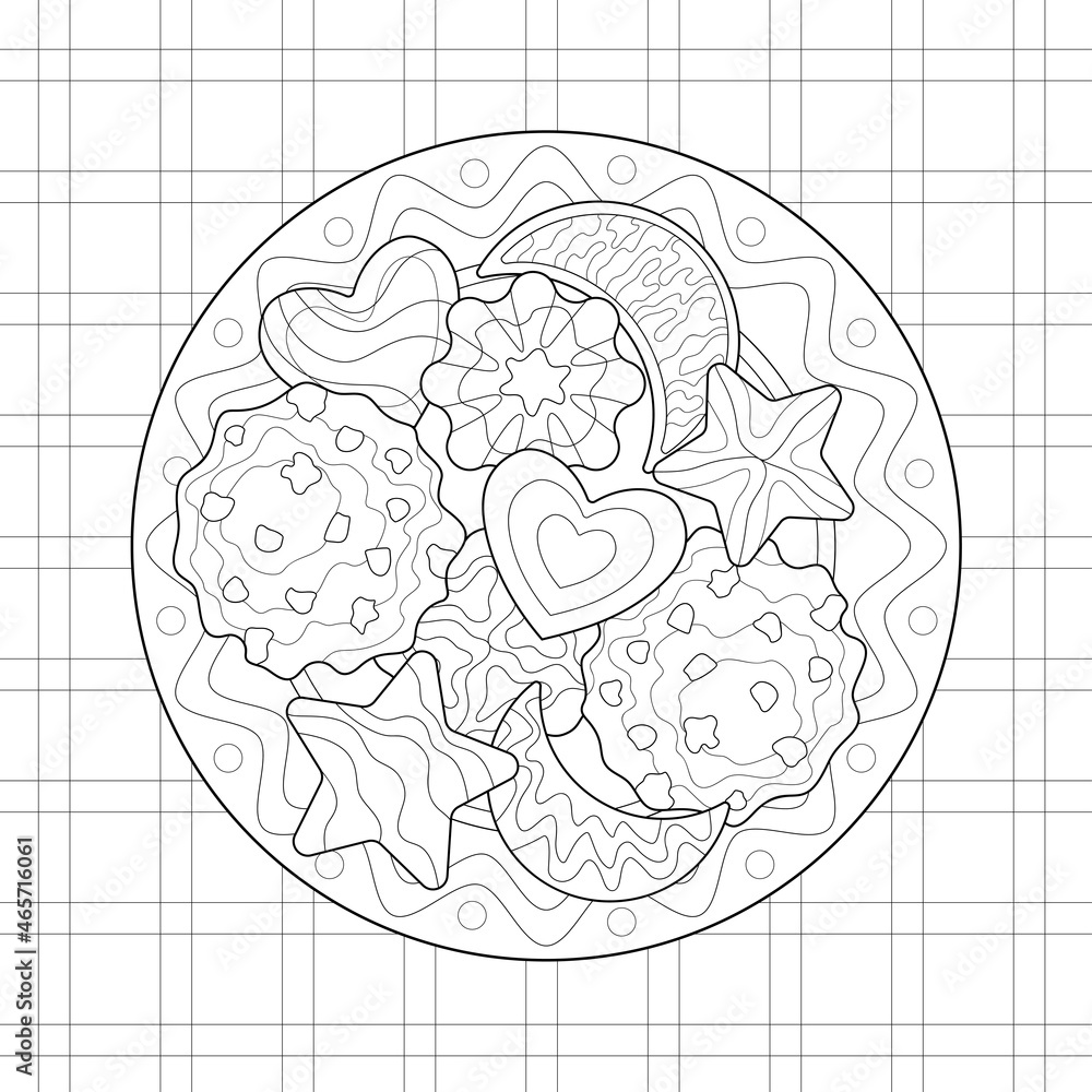 Sweets on the plate and simple tablecloth. Chocolate chocokie, with glaze and jam, gingerbread. Tasty isolated illustration. Food. For coloring book. Sweets on the plate and simple tablecloth. Chocolate chocokie, with glaze and jam, gingerbread. Tasty isolated illustration. Food. For coloring book.