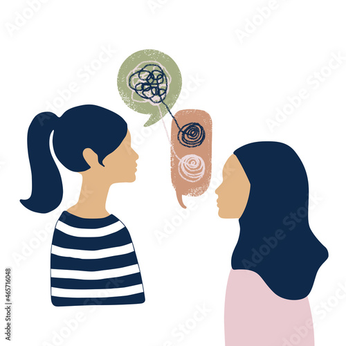 Concept of psychological counseling, one on one conversational therapy. Decluttering emotional thoughts, mental health awareness, working through problems. Vector illustration.