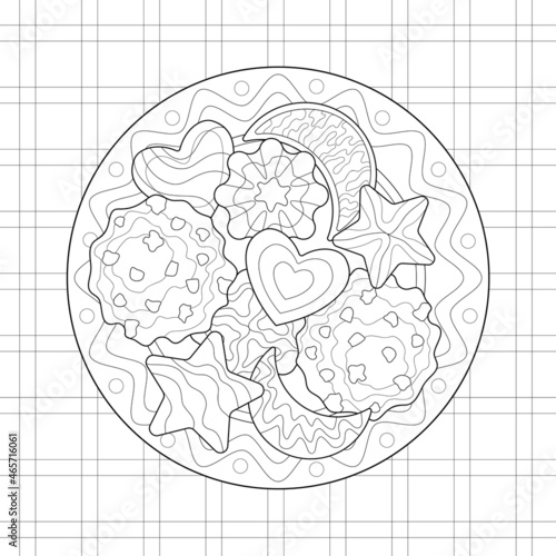 Sweets on the plate and simple tablecloth. Chocolate chocokie, with glaze and jam, gingerbread. Tasty isolated illustration. Food. For coloring book.