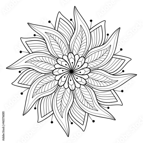 Decorative flower mandala with striped patterns on a white isolated background. For coloring book pages.