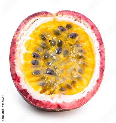 Fresh Passion fruit with leaves isolated on white, Purple Passion fruit or Maracuya on white background With clipping path.