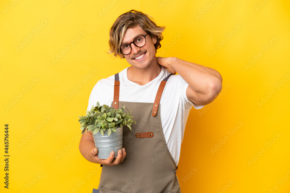 Gardener blonde man holding a plant isolated on yellow background laughing Gardener blonde man holding a plant isolated on yellow background laughing